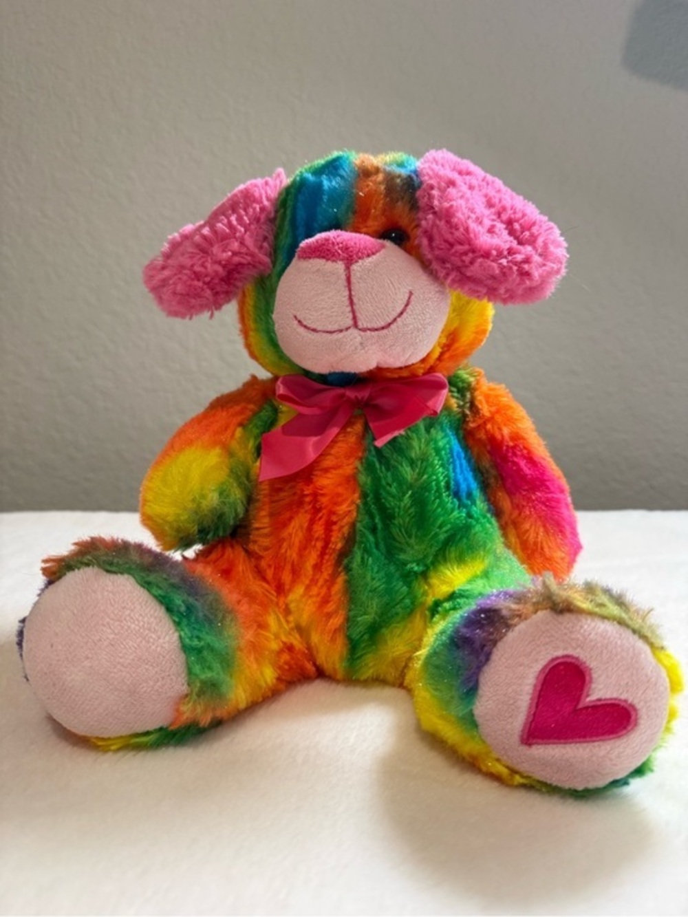 Rainbow Plush Puppy with Pink Bow and Heart Paw